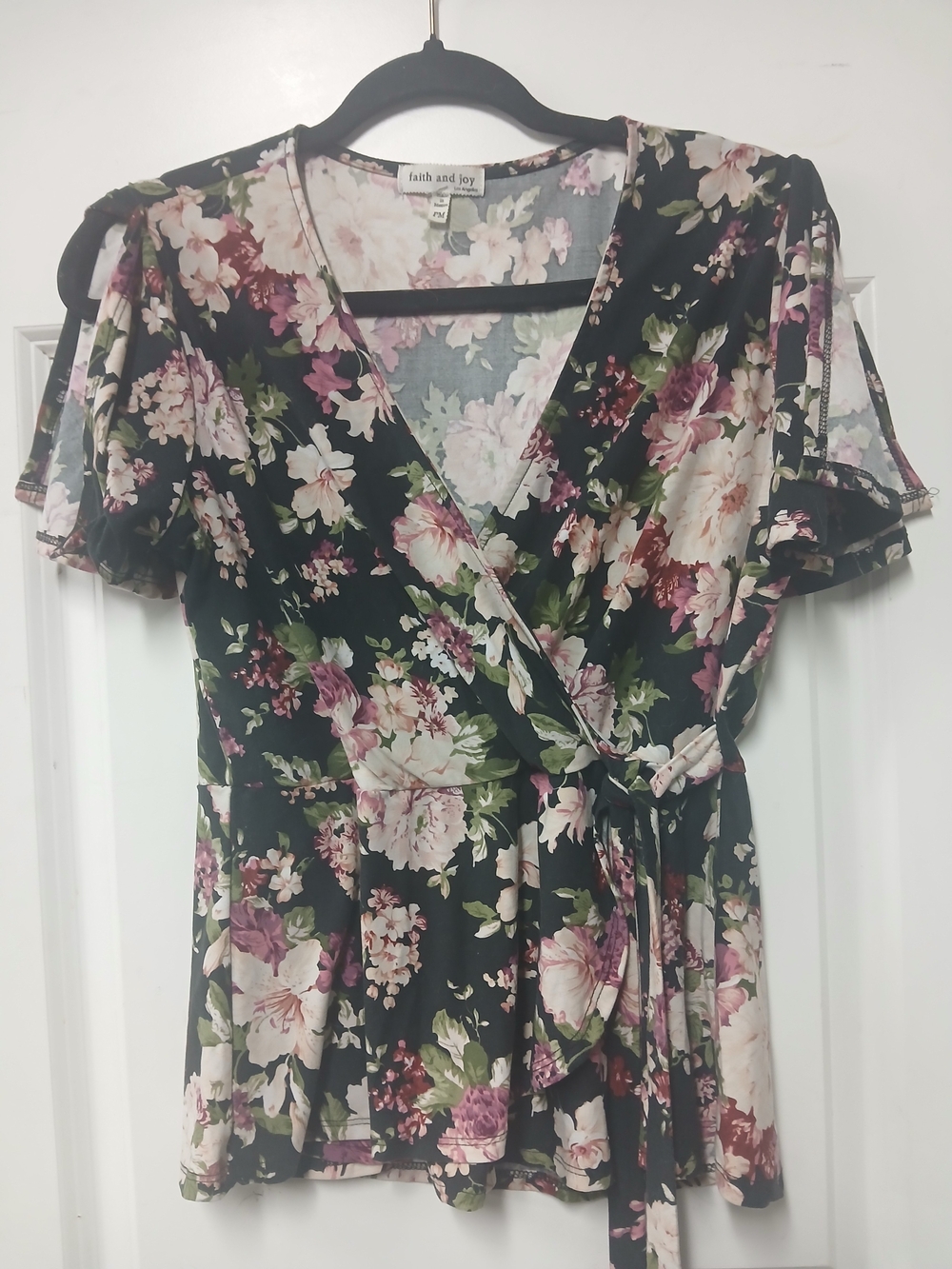 Faith and Joy Black Floral Wrap Dress Top
